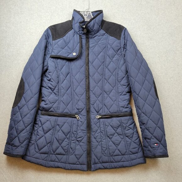 Tommy Hilfiger Jacket Womens Size Small Quilted Full Zip Elbow Pads Blue Utility - Picture 1 of 14